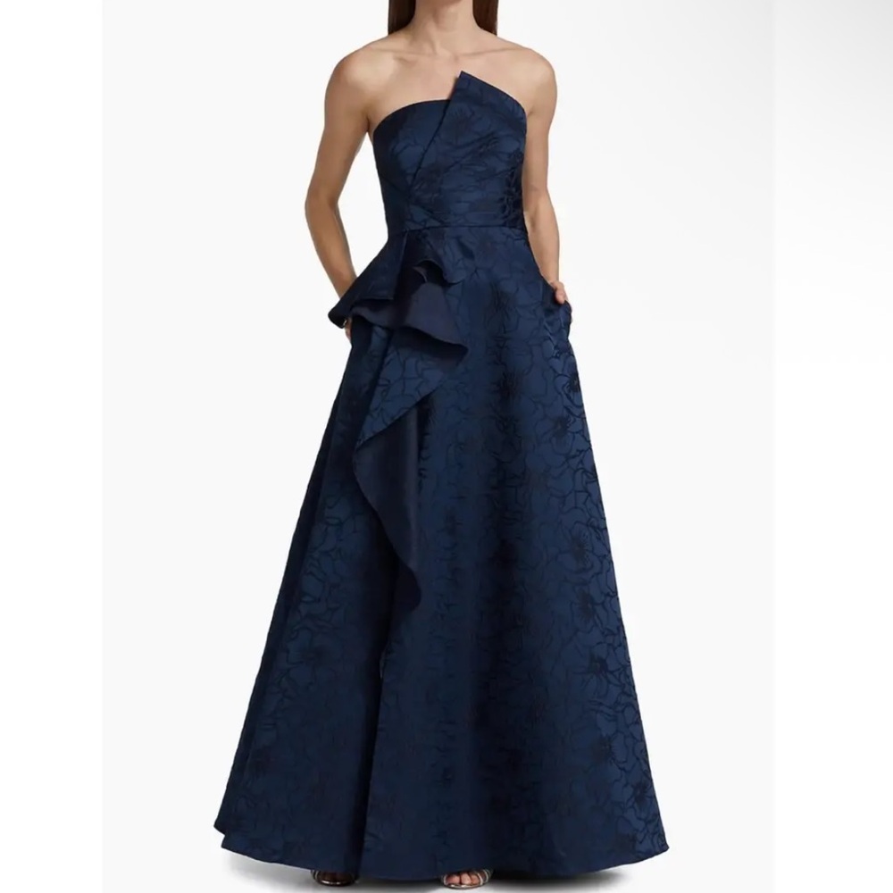 Monique Lhuillier Navy Strapless Jacquard Maxi Gown with Sculpted Ruffle